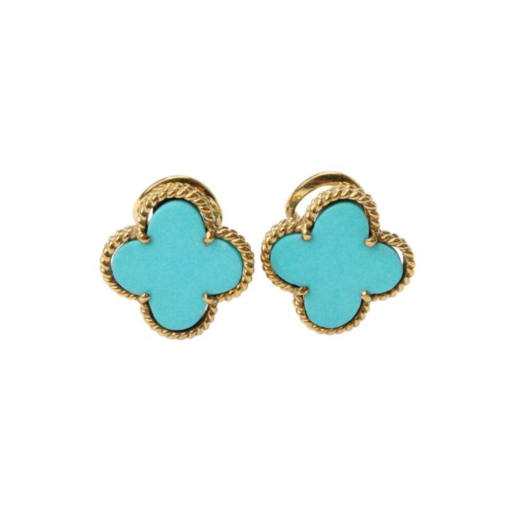 Designer Womens 18K Yellow Gold Synthetic Turquoise Clover Stud Earrings 6.8g